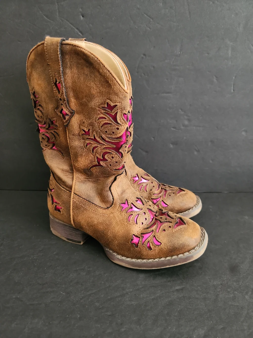 Roper Cowgirl Boots Size 2 Kids Pink Metallic Peeking Thru Faux Suede Girls